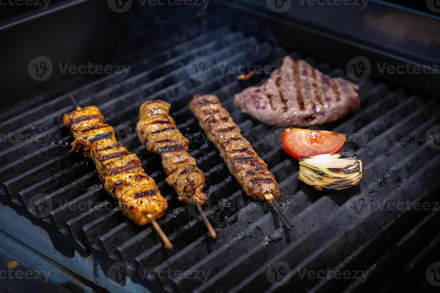 Grilled Kebab From Fresh Meat Pork Cooking On Metal Skewer Outdoors grill steak photo