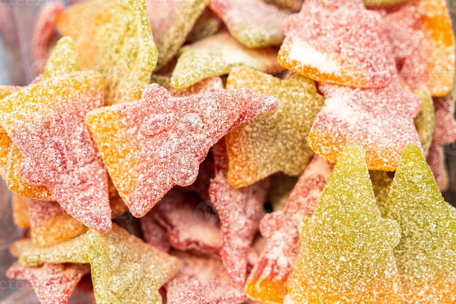 Assorted colorful gummy jelly candies. Top view. Jelly sweets. photo