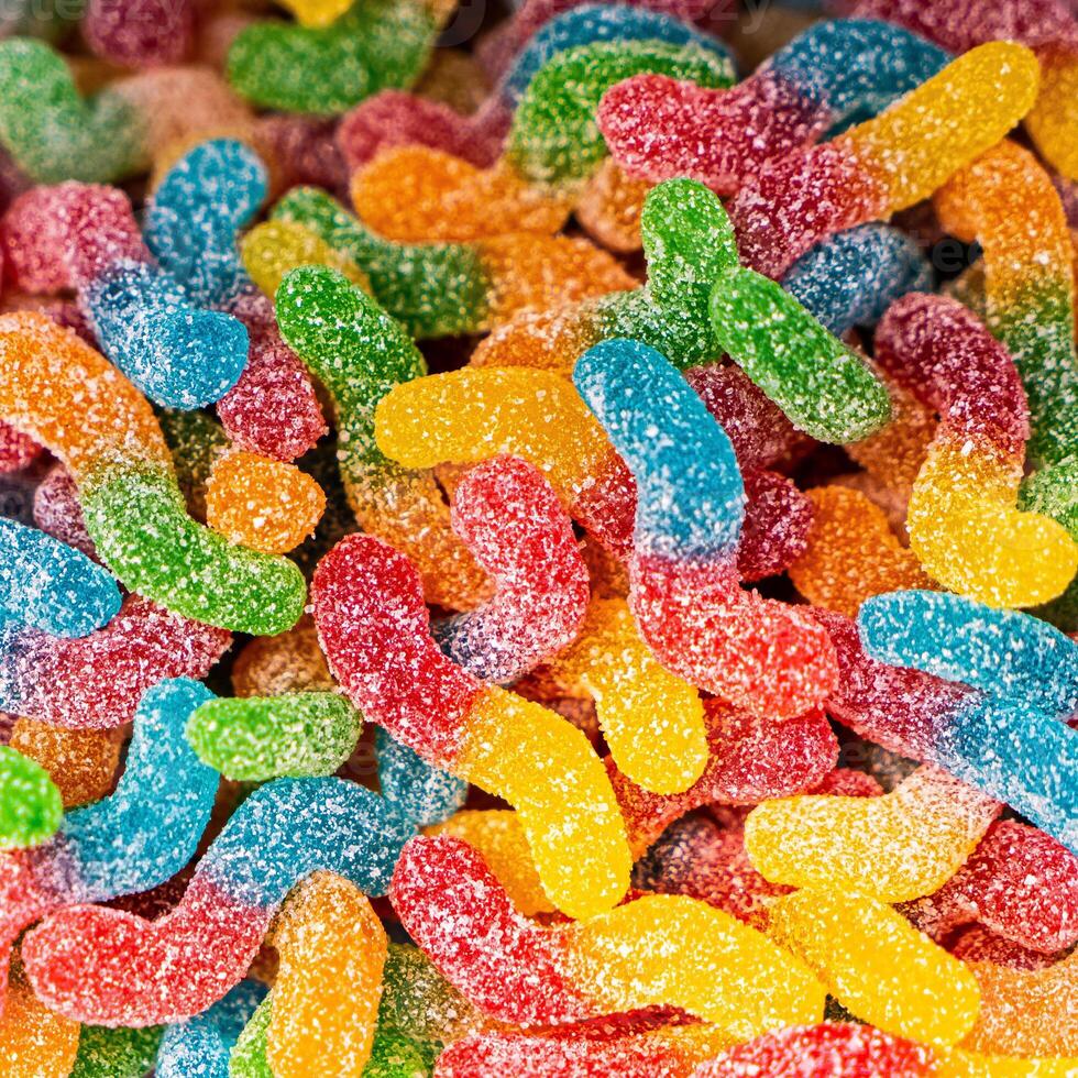 Assorted colorful gummy jelly candies. Top view. Jelly sweets. photo