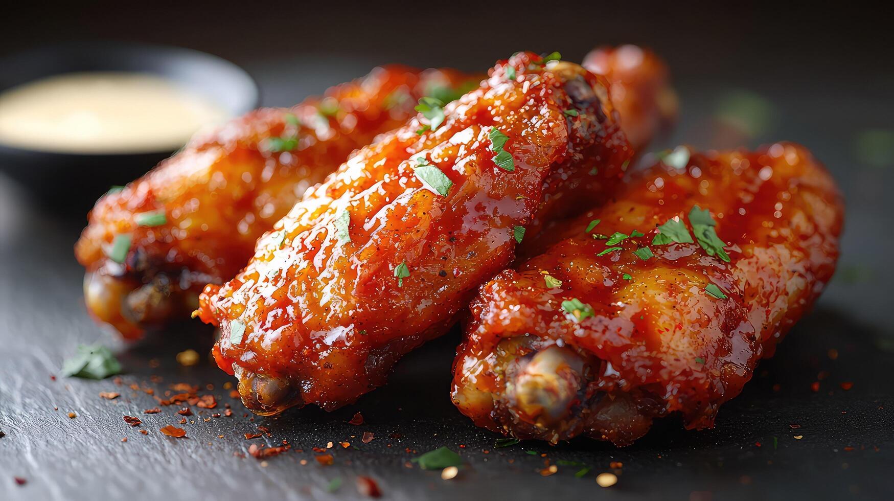 Three chicken wings with sauce on a black slate photo