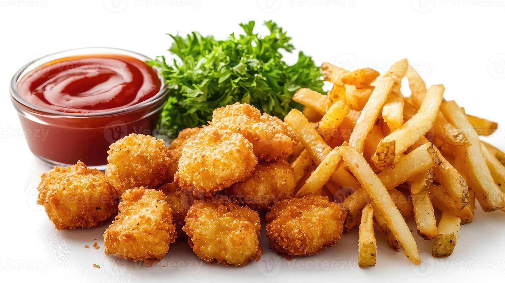 Chicken nuggets and fries with ketchup on a white background photo