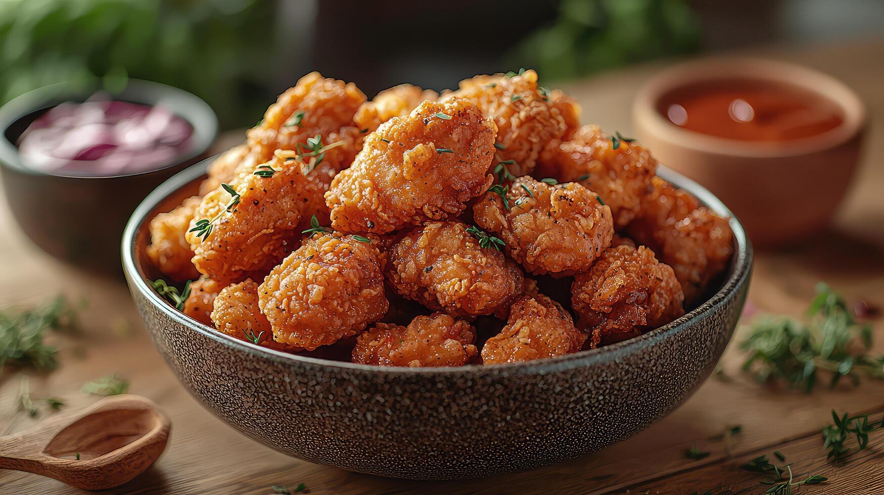 A bowl of fried chicken wings sitting on a table photo