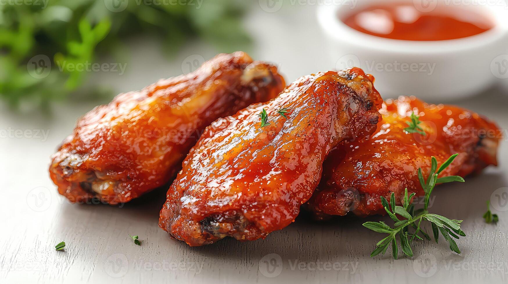 Chicken wings with sauce and herbs on a table photo