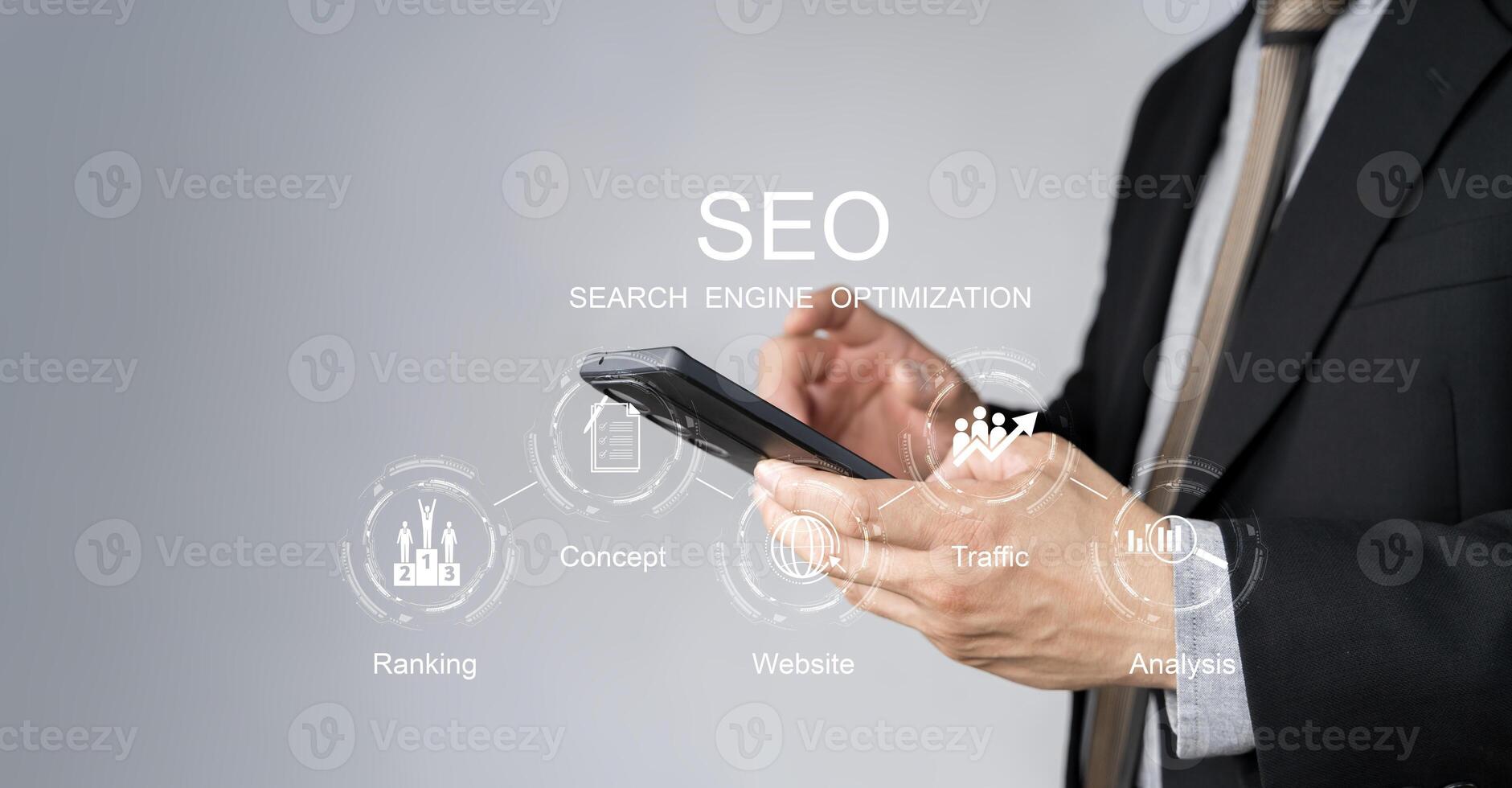 SEO, Search Engine Optimization ranking concept, magnifying glass, the idea of promote traffic to website photo