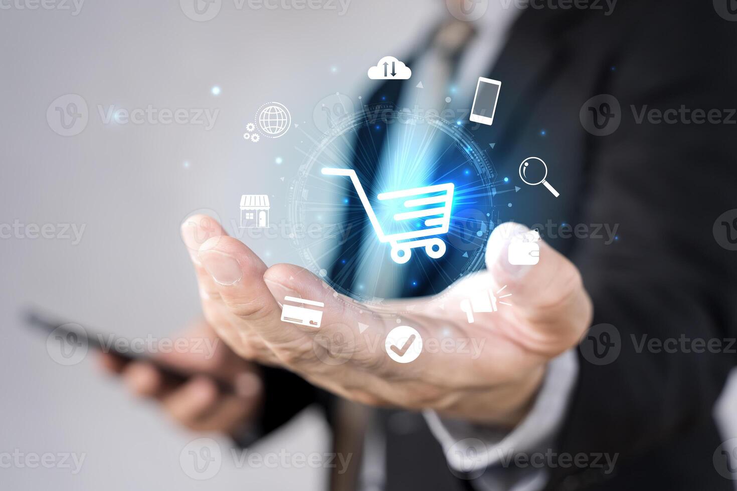 Technology online shopping business concept. Businessman touch screen trolley cart purchase online stores. photo