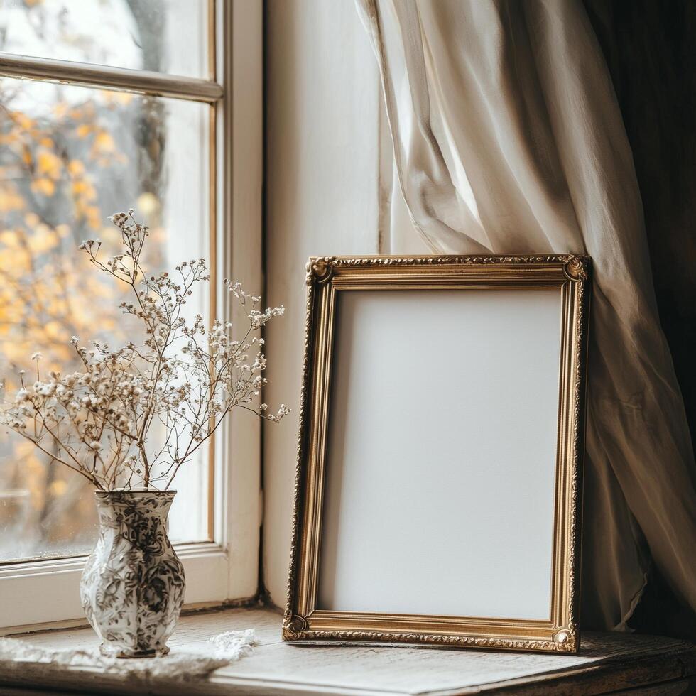 Modern Design Inspiration. Clean Blank Frame on a Window Sill, Creating a Serene and Uncluttered Scene photo