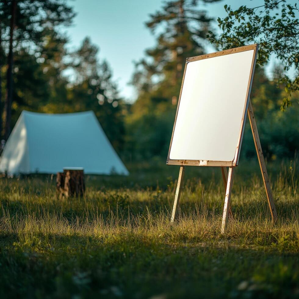 Vibrant Billboard Mockup. Close-Up Display at a Scenic Camping Site in Lush Grassland photo
