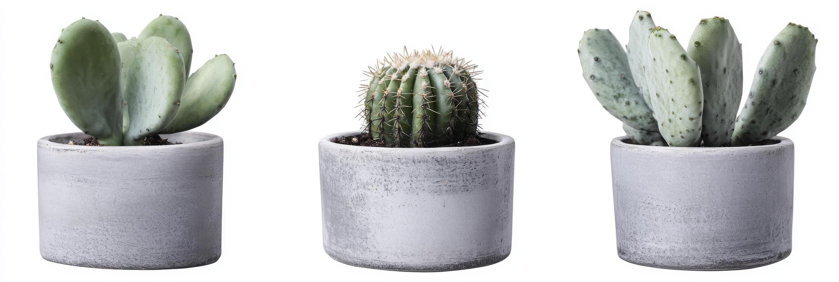 Stylish isolated cactus trio in ceramic flowerpot, neutral background, elegant botanical arrangement photo