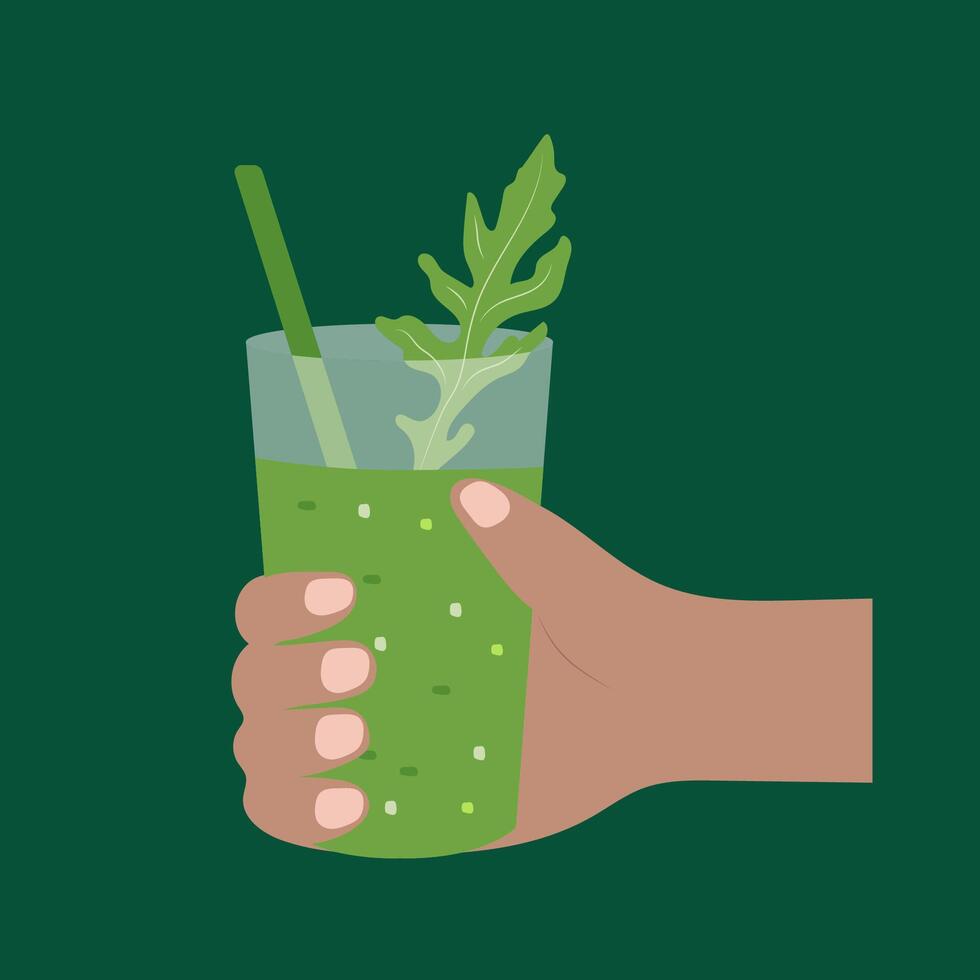 Hand Holding a Green Smoothie with Fresh Arugula on a Dark Green Background vector