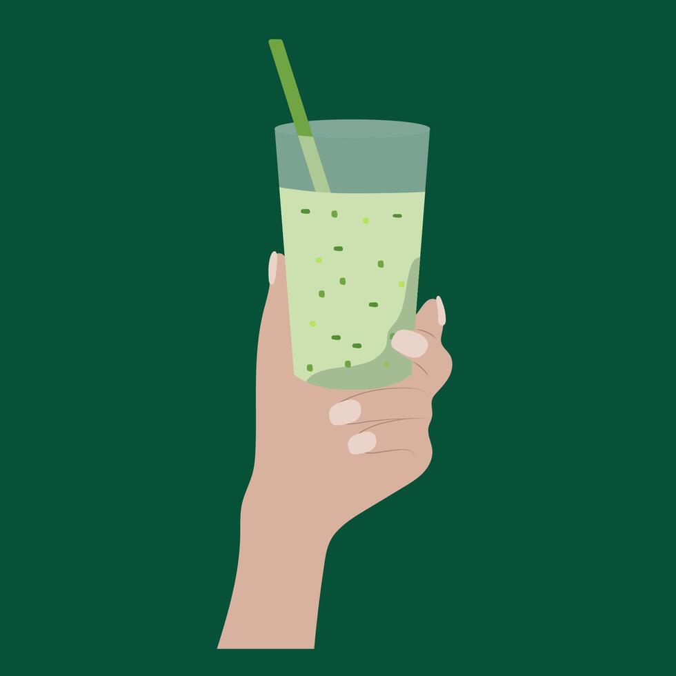 Hand Holding a Green Smoothie on a Dark Green Background vector