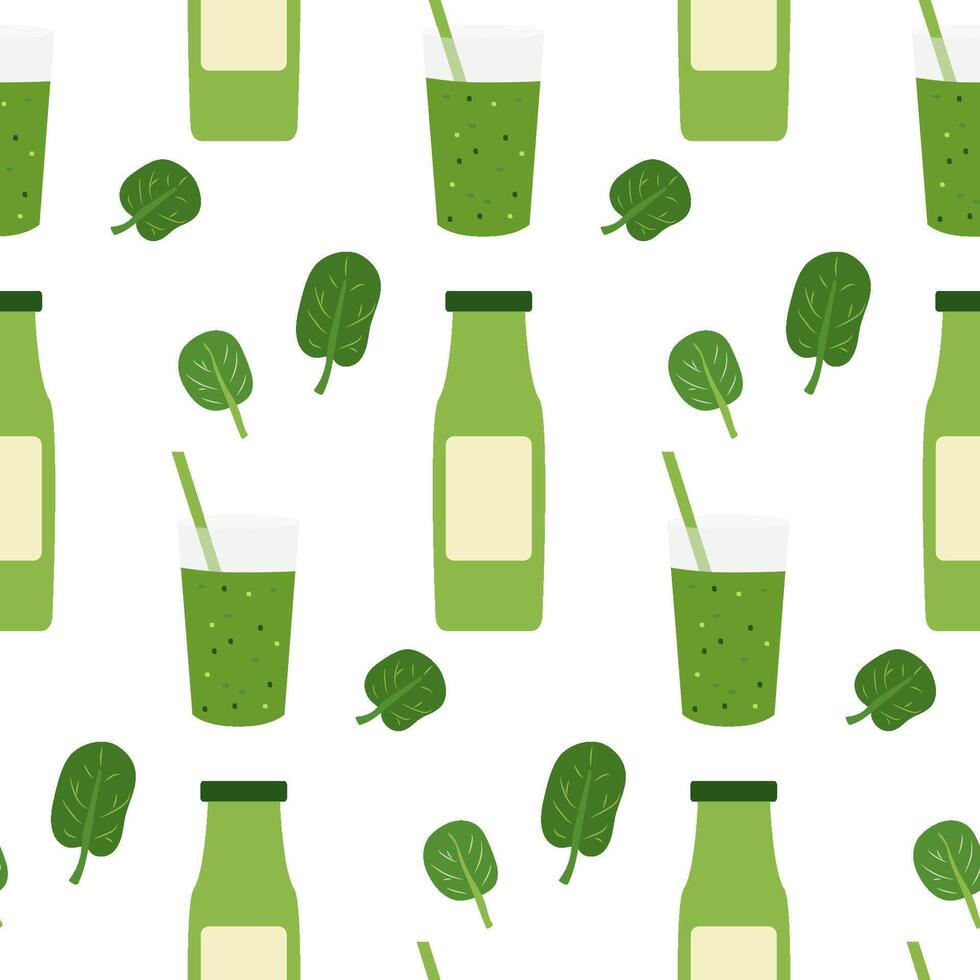 Seamless Pattern of Green Smoothie Bottles, Glasses, and Spinach Leaves on a White Background vector
