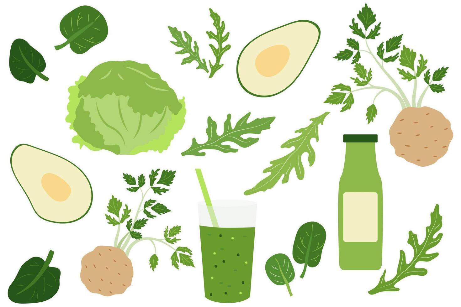 Healthy Green Ingredients and Smoothie Illustration Featuring Avocado, Greens, and Vegetables vector