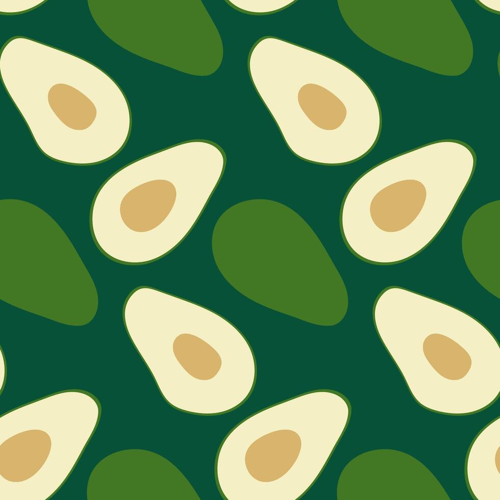 Seamless Avocado Pattern - Fresh Green Avocado Halves and Whole on Dark Background vector