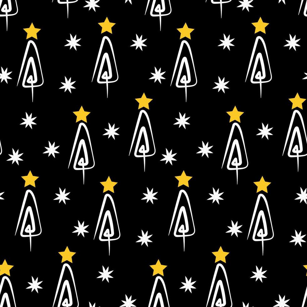 Minimalistic Christmas Tree, snowflakes and Star Pattern on Black Background vector