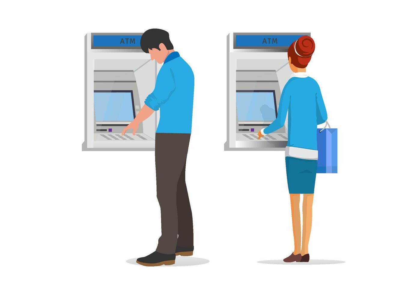 illustration of a man and woman standing to withdraw money from an ATM on a white background. vector