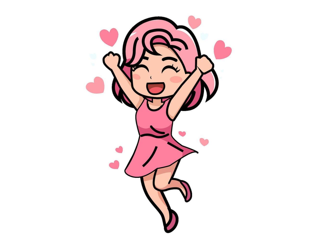 A cheerful girl in a good mood, jumping around with heart-shaped emoticons floating around. vector