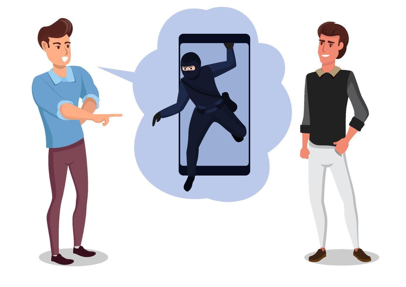Two men are talking about the call center gang. that is currently spreading, use SMS to enter the system to withdraw money from the bank with a smartphone vector