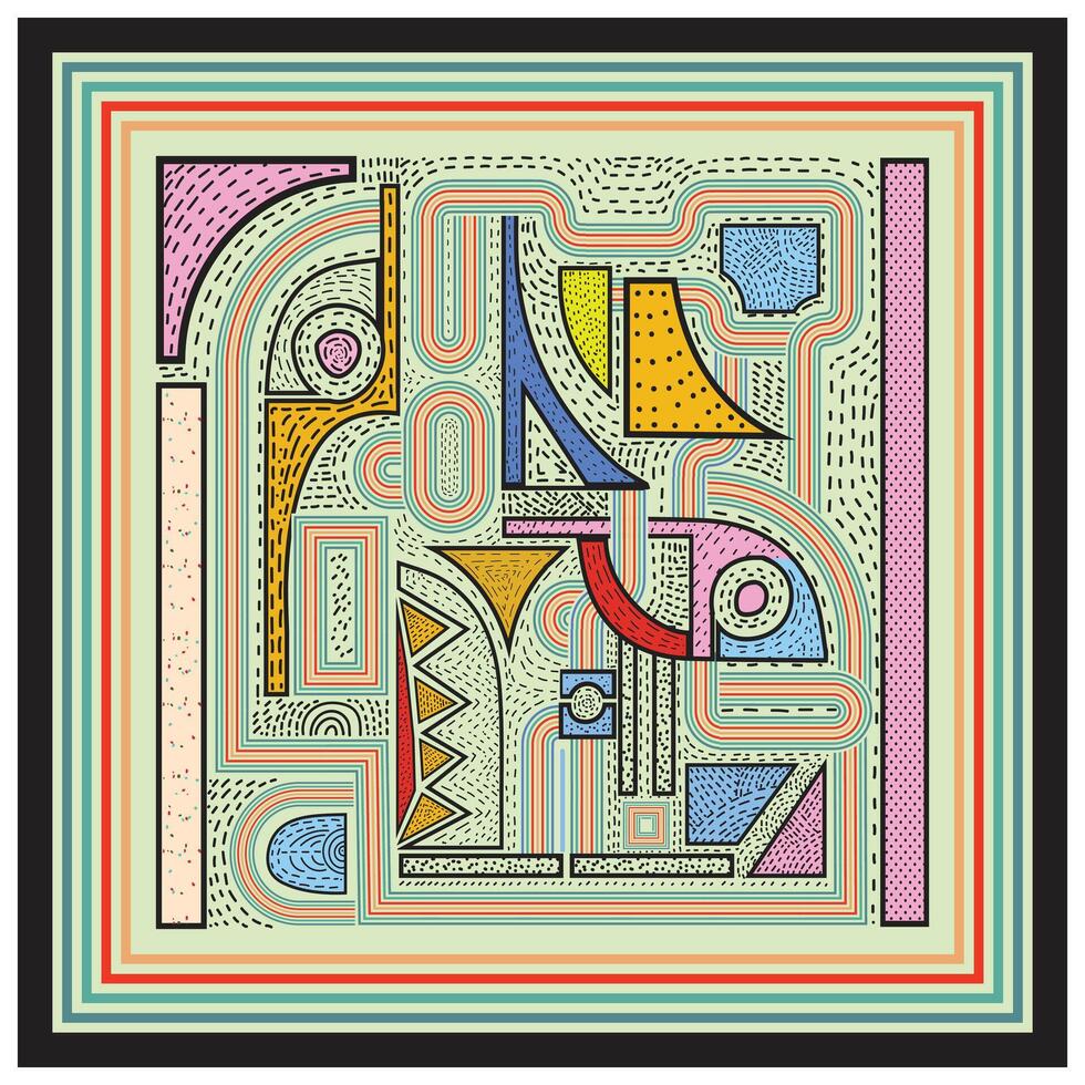 Geometric Abstract Square Scarf. Geometric Pattern in Bohemian Style. Hand Drawn Artwork with Colorful Shape. Minimalist Print. vector