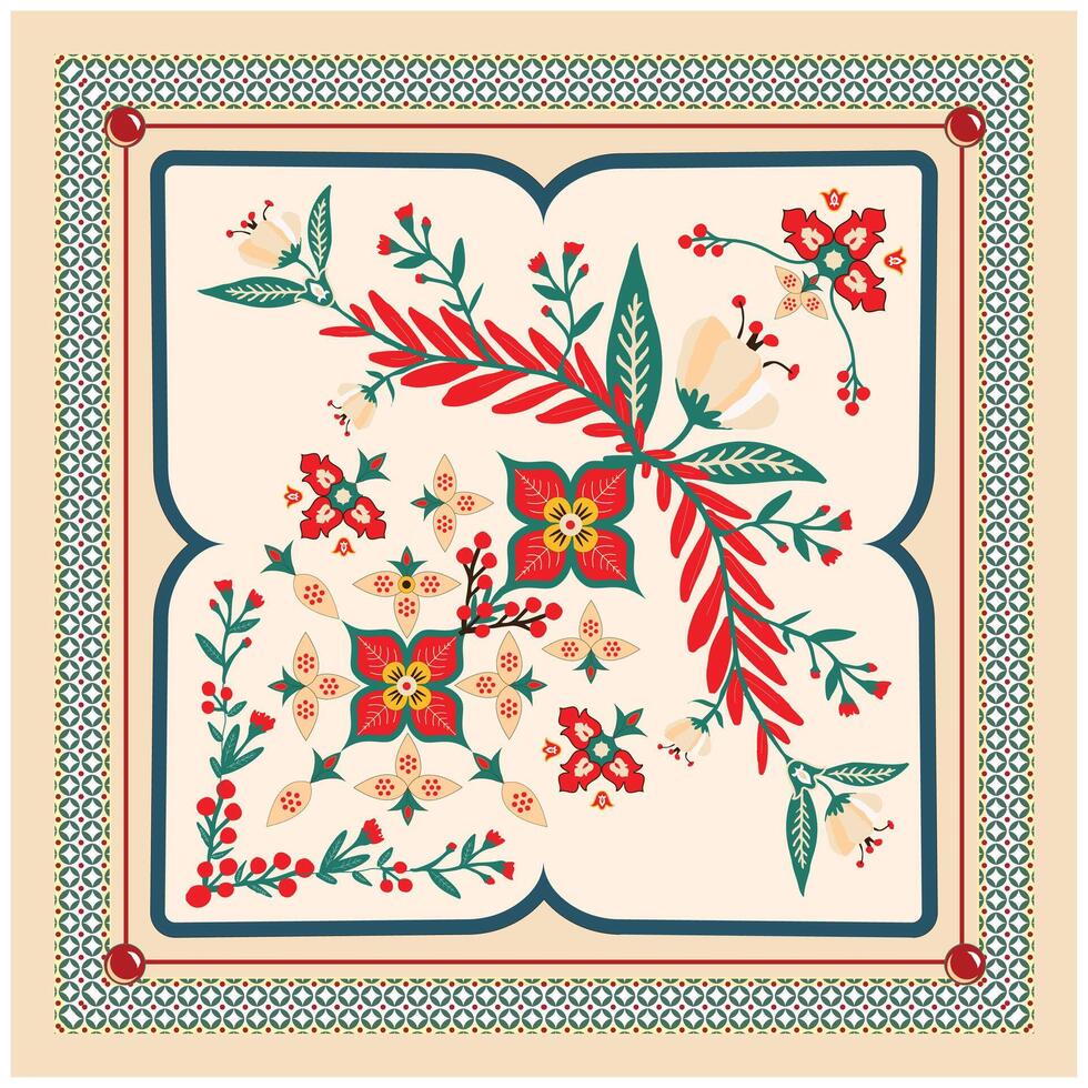 Square Flower Scarf Print Pattern, Traditional Doted Border. vector