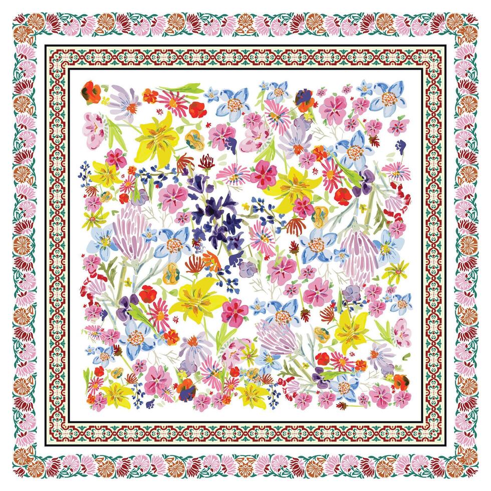 Flower Square Scarf print, Ditsy Flowers placement with Traditional Border vector