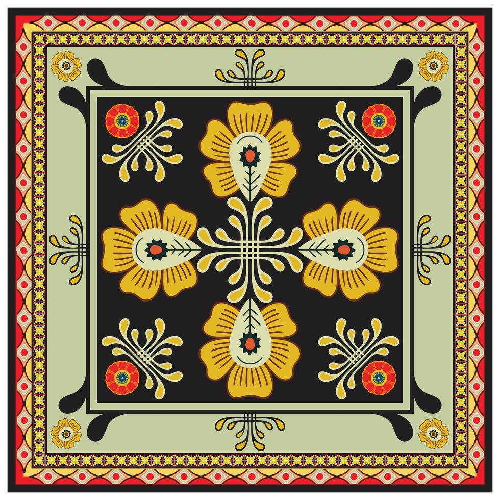 Square Flower Scarf Print Pattern, Traditional Motif Border. vector