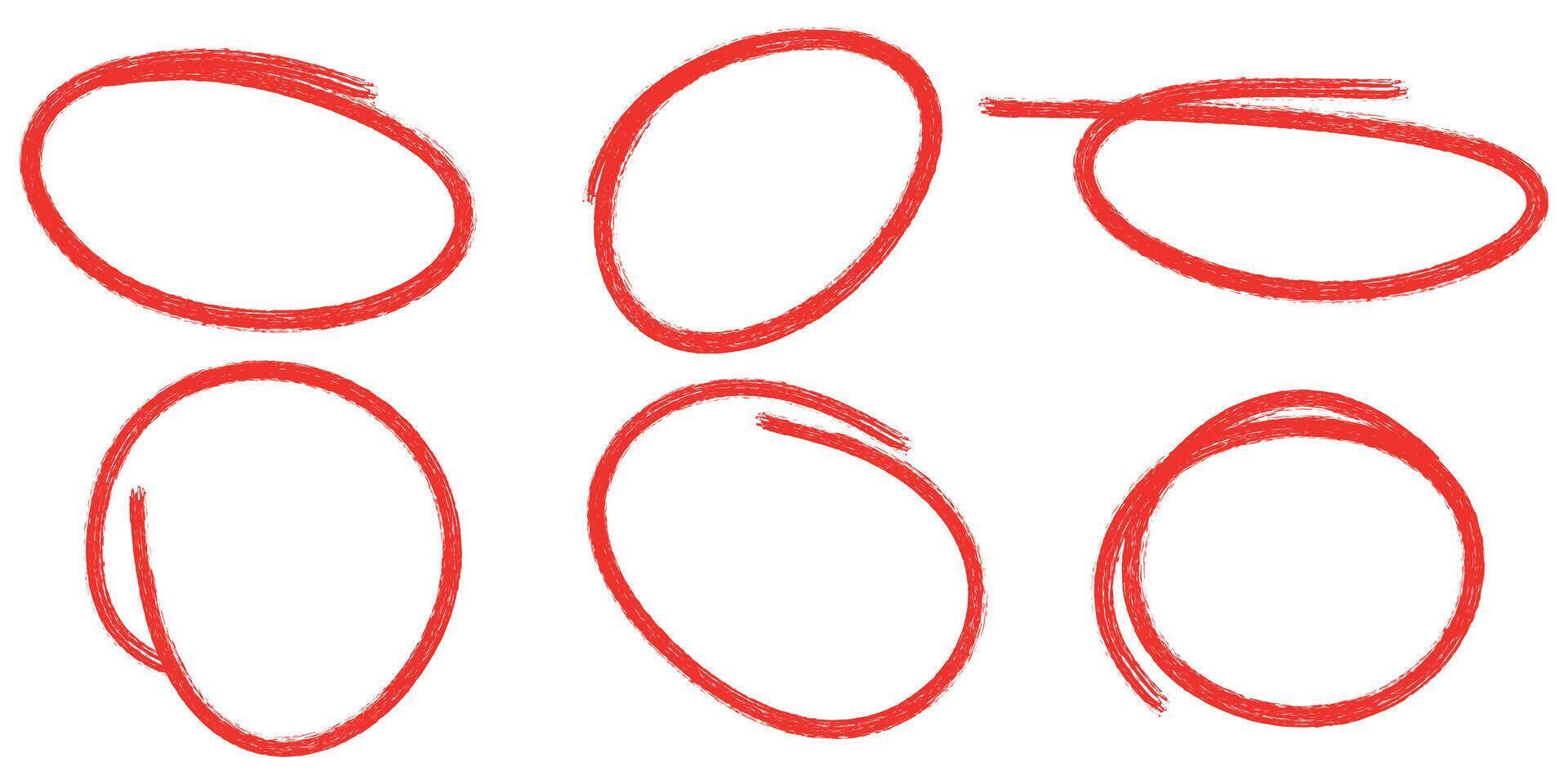 Six hand drawn red circle highlighter, design element grunge shape vector