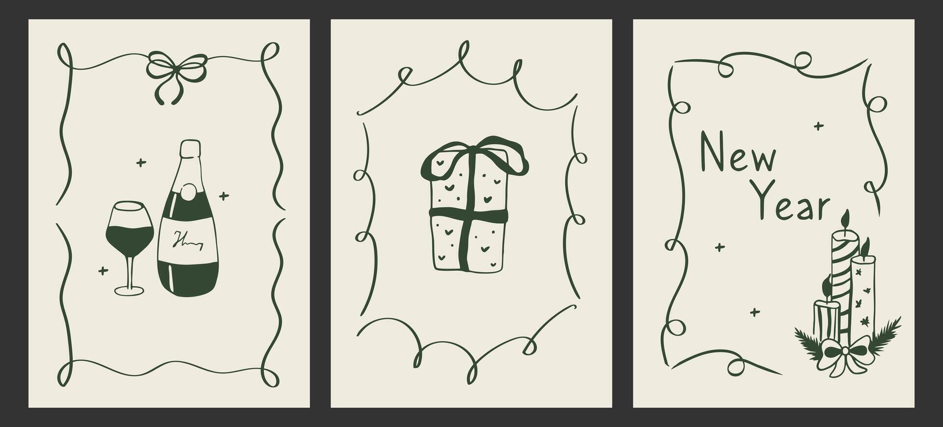 Set of elegant greeting card with vintage wavy frame and new year elements. Champagne glasses and gingerbread in doodle trendy style. vector
