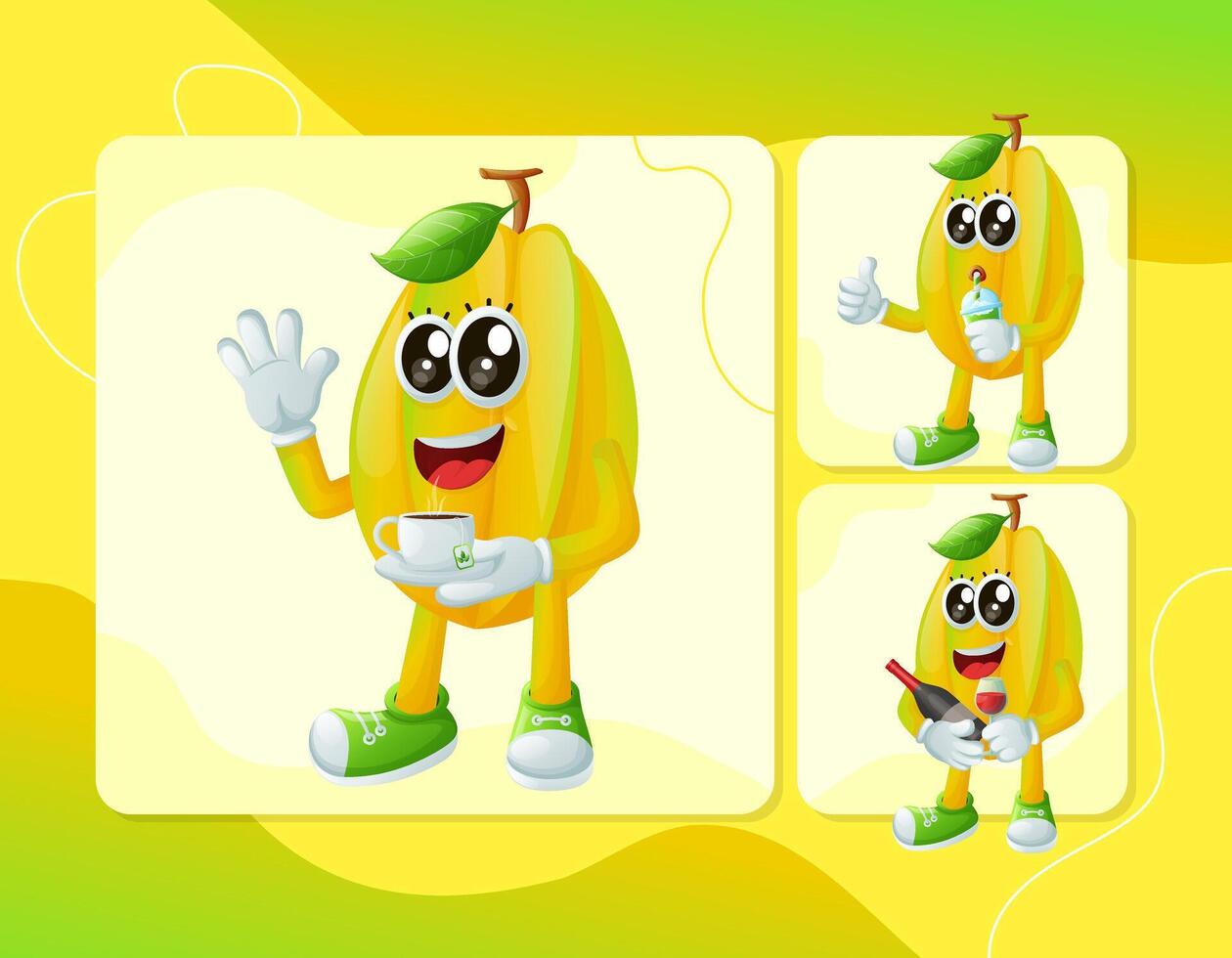 Cute starfruit characters enjoying beverages vector