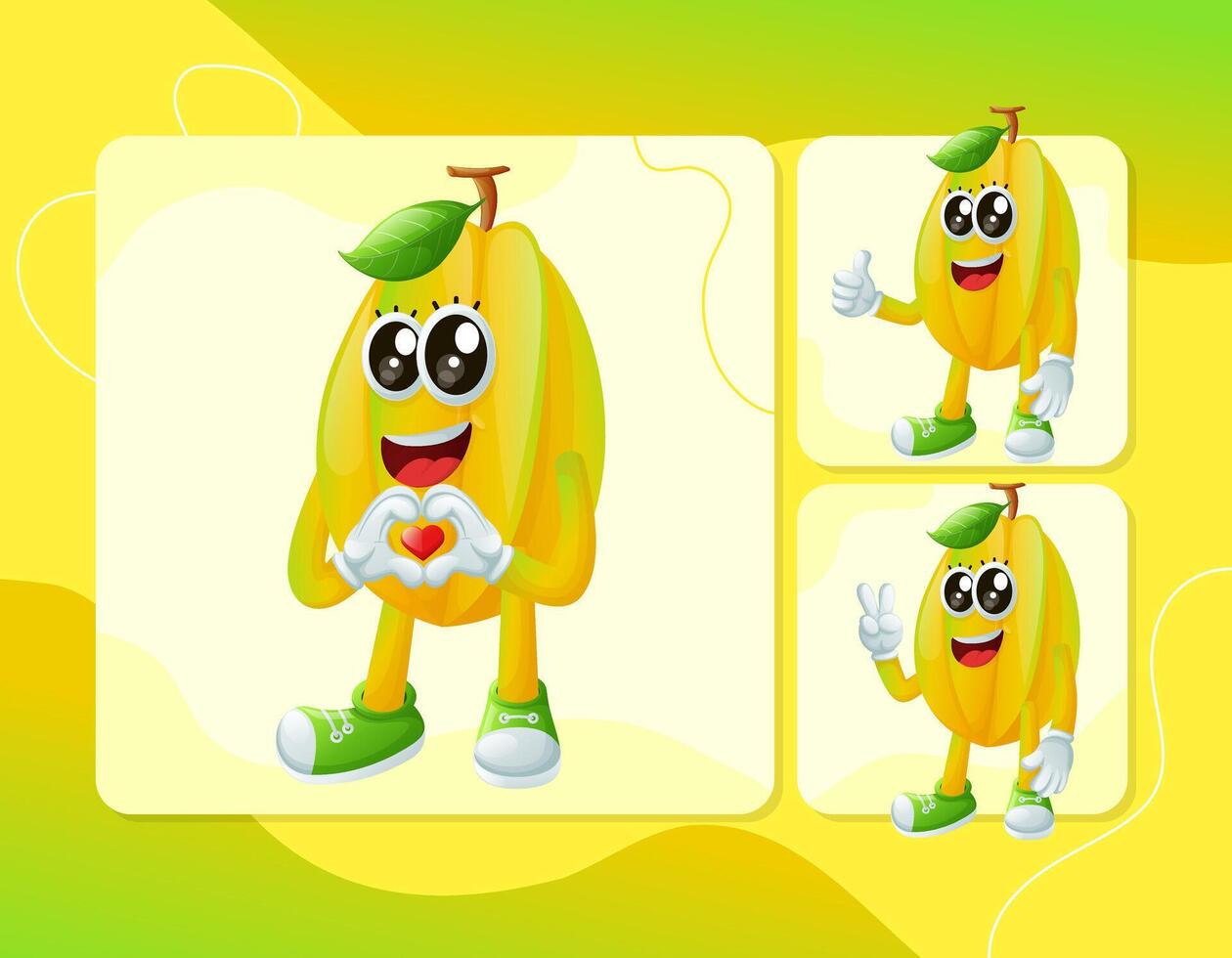 Cute starfruit characters making playful hand signs vector