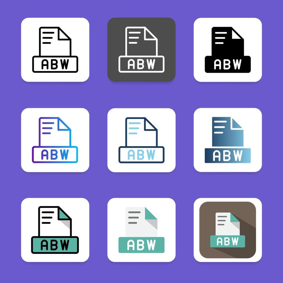 Set abw file format icons for digital purposes, extension, file type, document and folder. vector