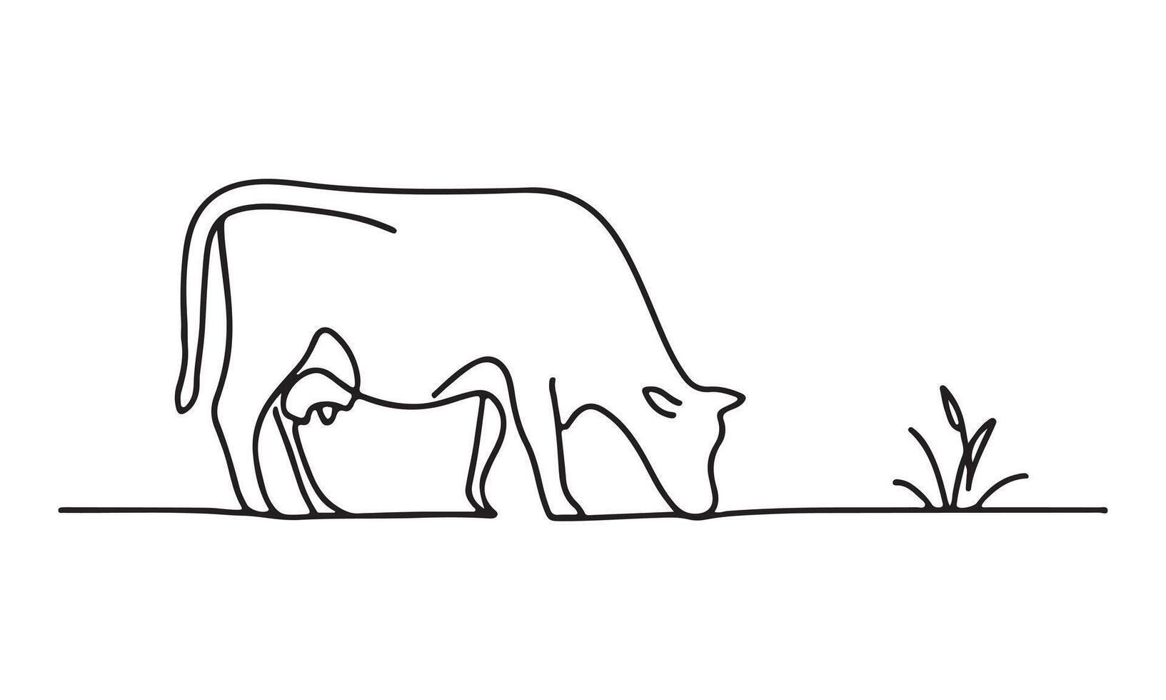 Continuous line drawing of a cow grazing on grass vector