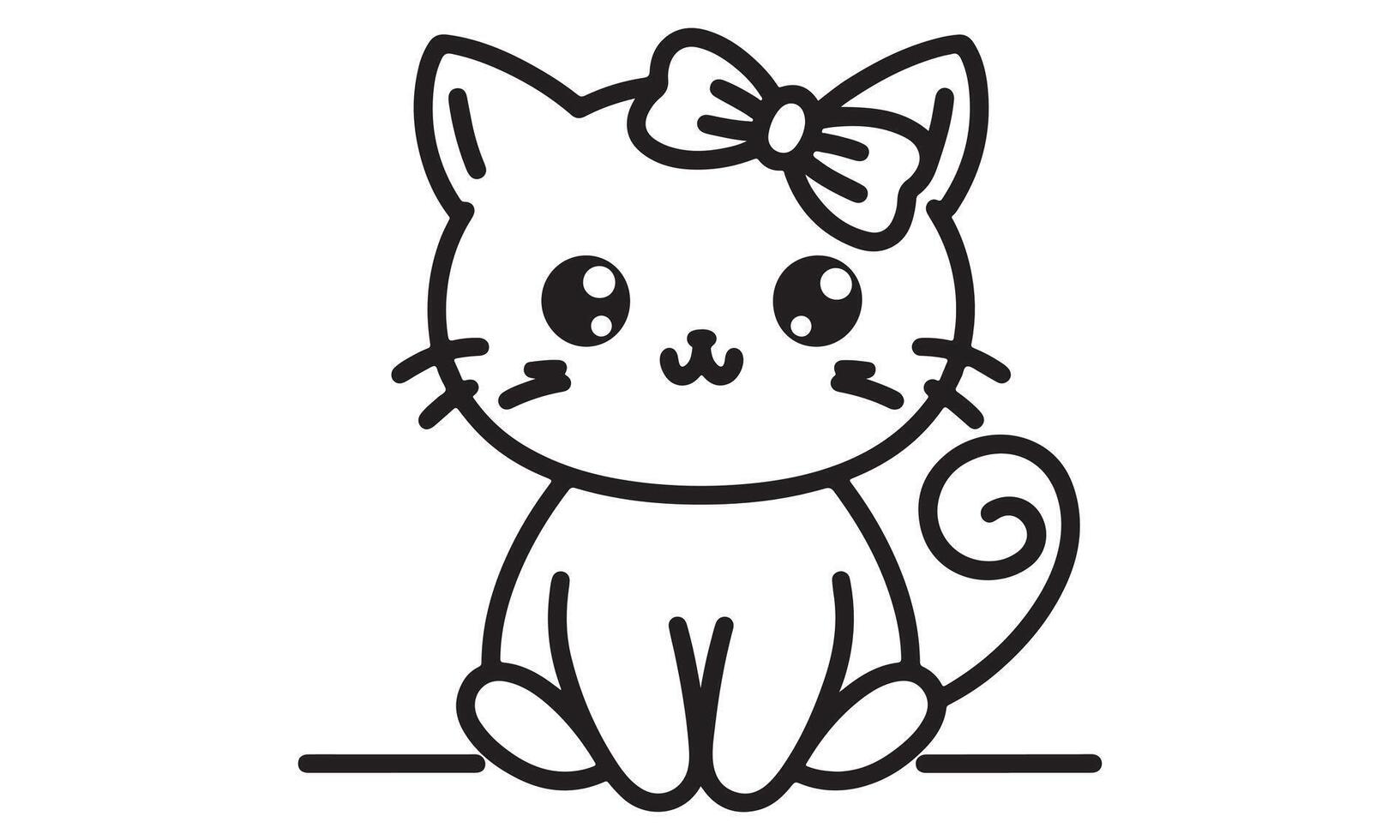 A black and white drawing of a cat with a bow vector