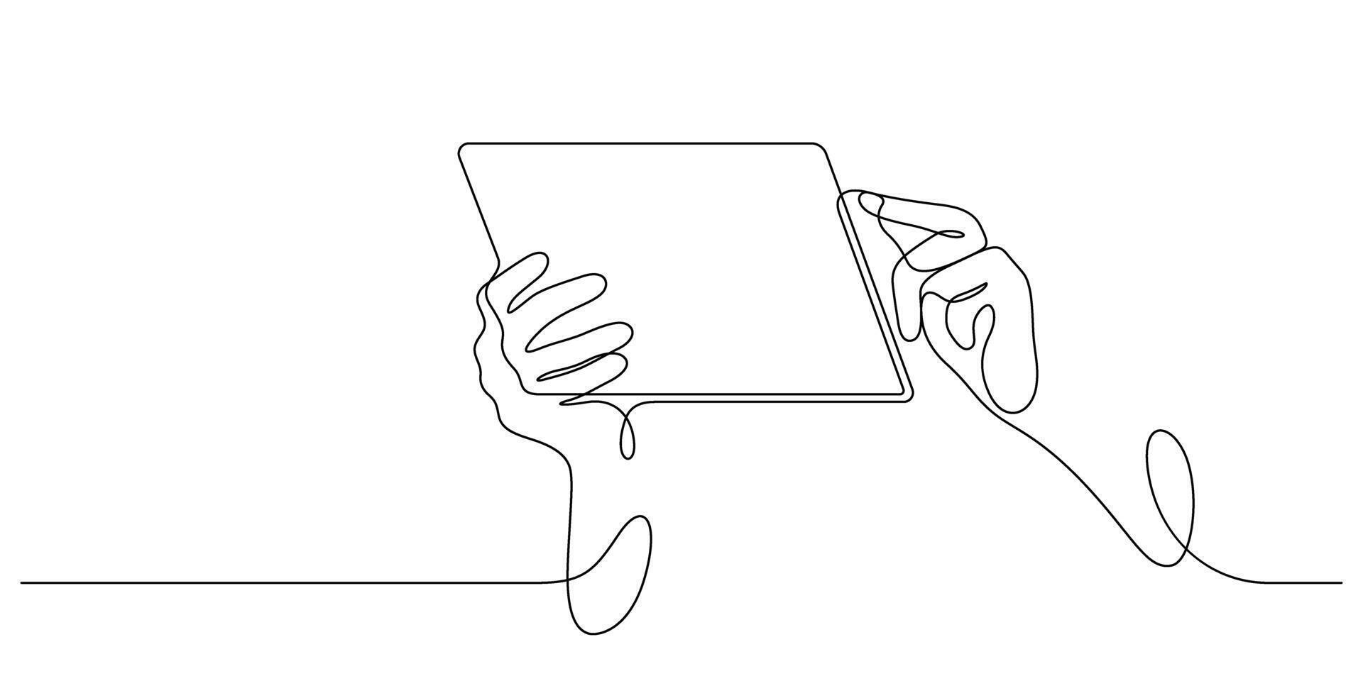 hand using tablet one line drawing continuous working and communication vector