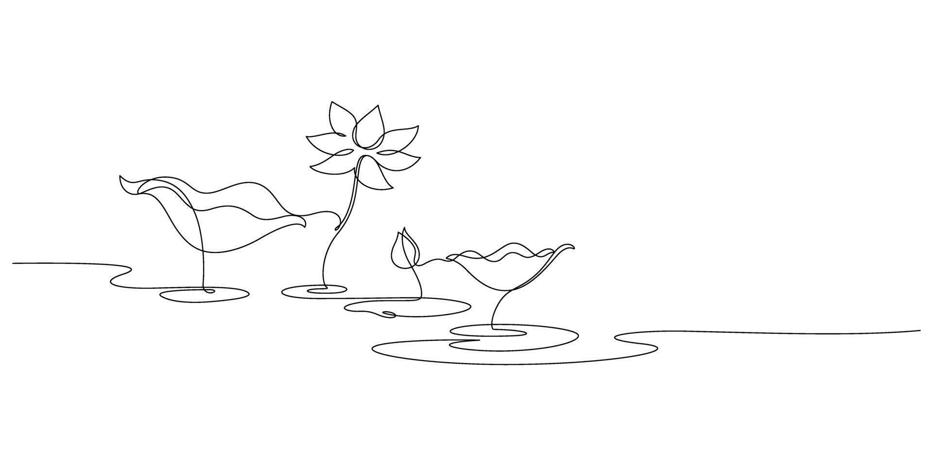 lotus water lily blooming and leaf nature pond scenic one line drawing vector
