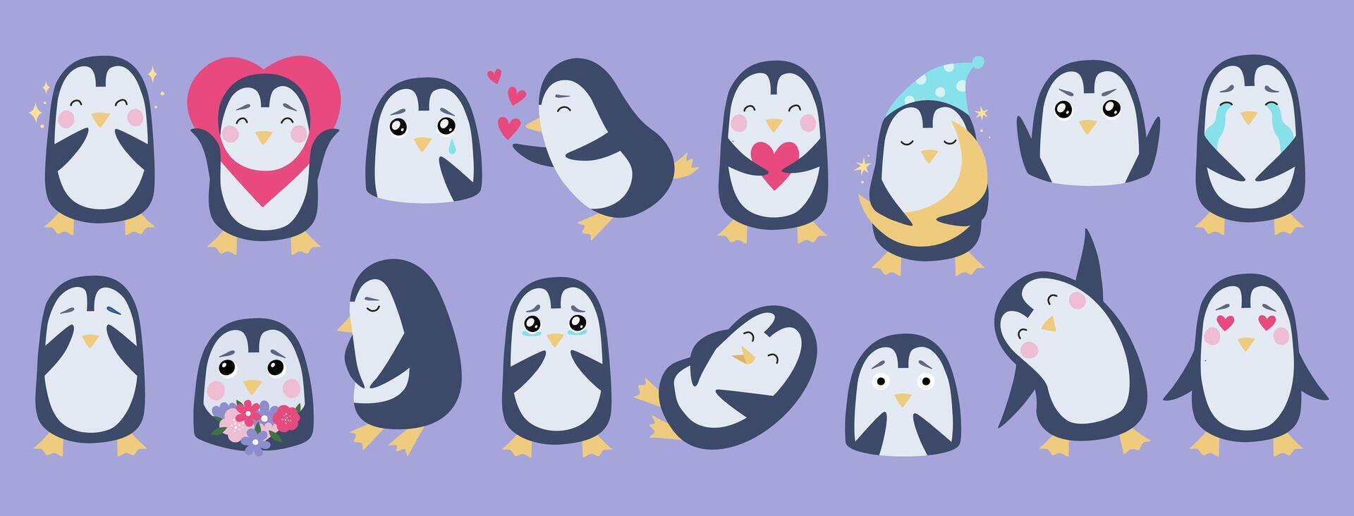 Cute penguins set with different emotions. characters in hand-drawn flat style vector