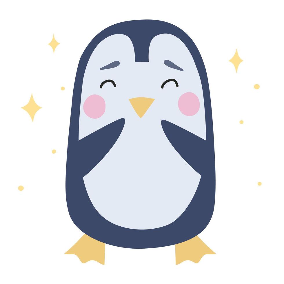 Cute penguin with positive emotion. character in flat hand drawn style vector