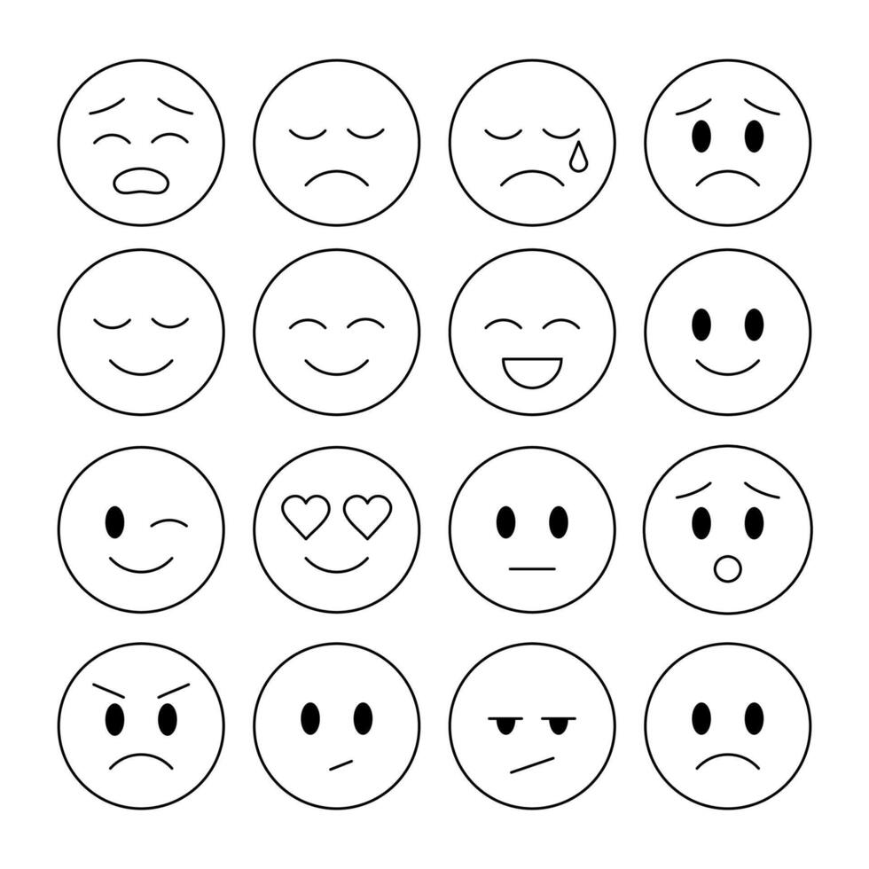 Set of the line emoticons with different negative, neutral and positive emotions. Perfect for mental health app or blog vector