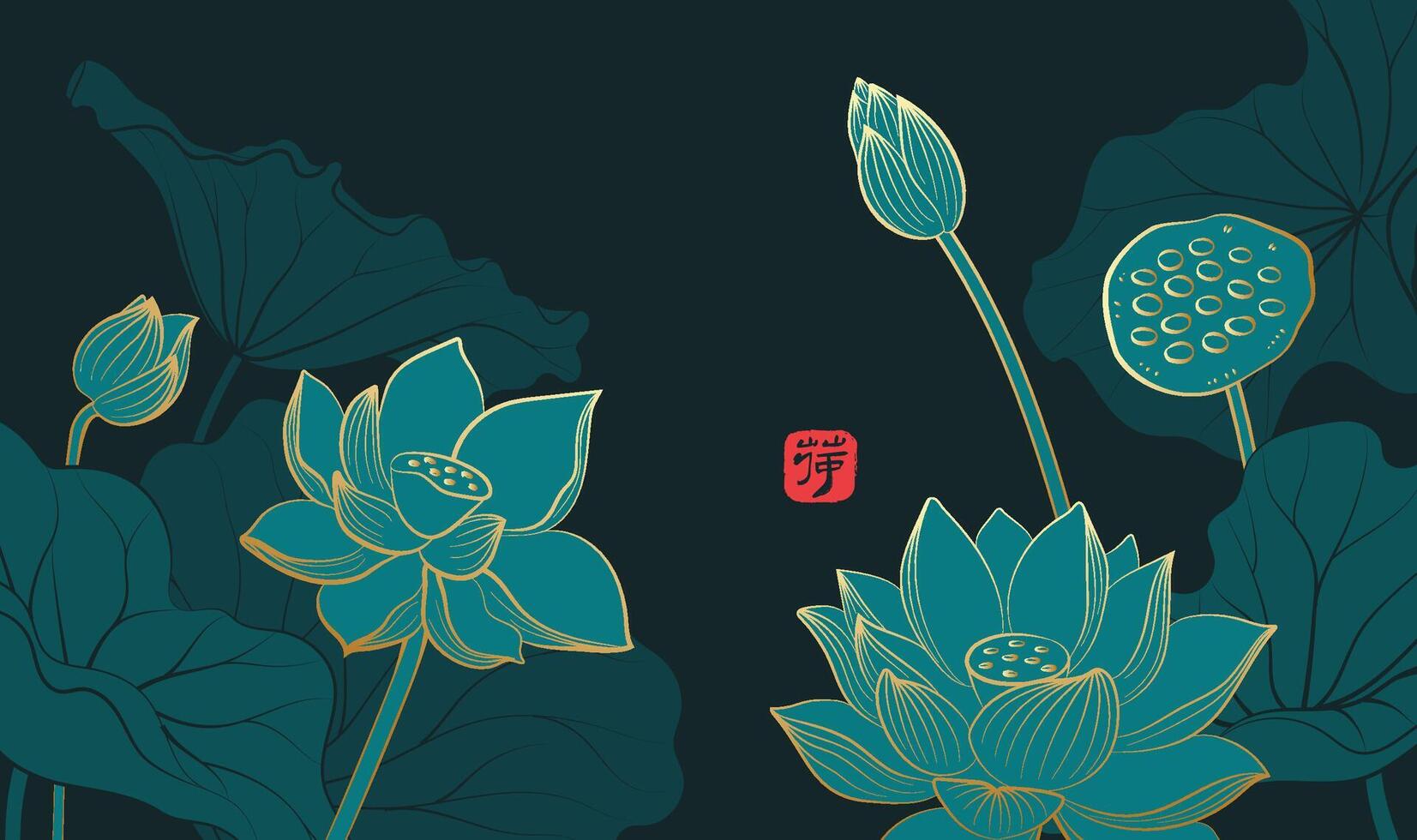 Hand painted elegant Chinese style illustrations of lotus flowers on a dark background vector