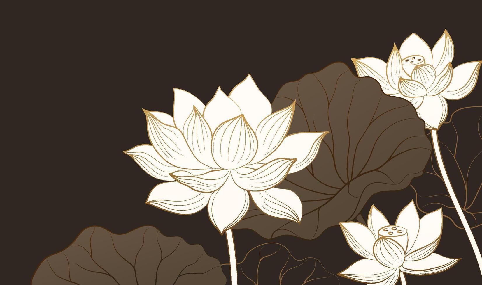 Hand painted elegant linear illustration of lotus leaf Lotus on a dark background vector