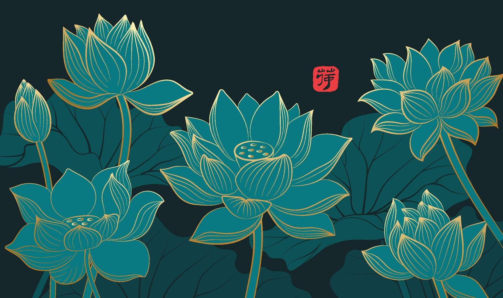 Hand painted elegant Chinese style illustrations of many lotus flowers on a dark background vector