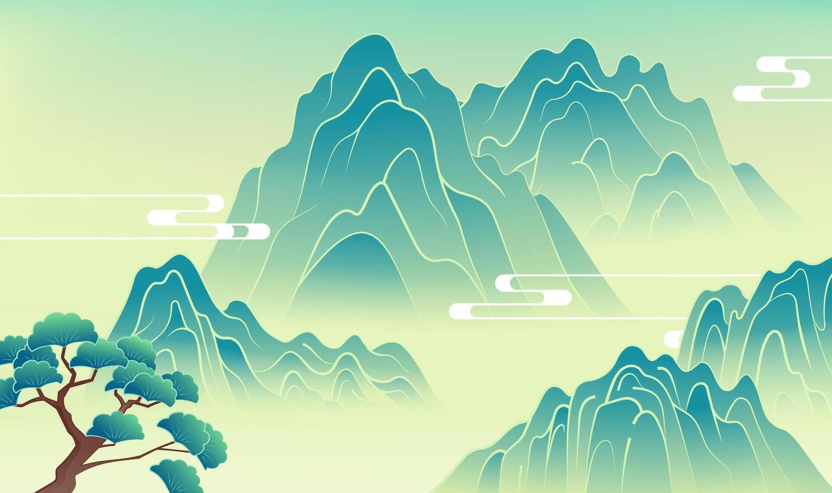 Hand painted Chinese landscape painting pine trees and mountain peaks vector