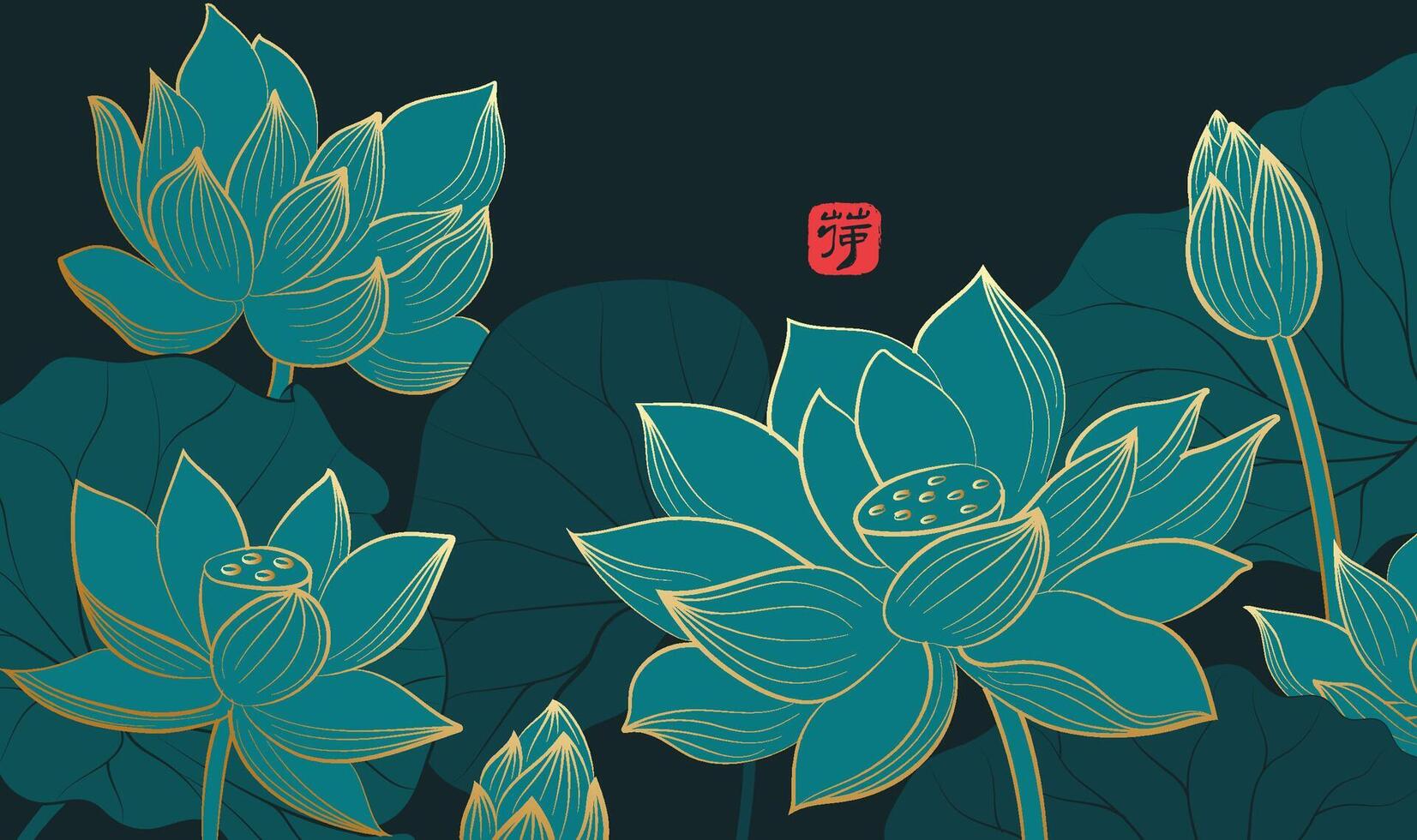 Hand painted elegant Chinese style illustration of a lotus pond on a dark background vector