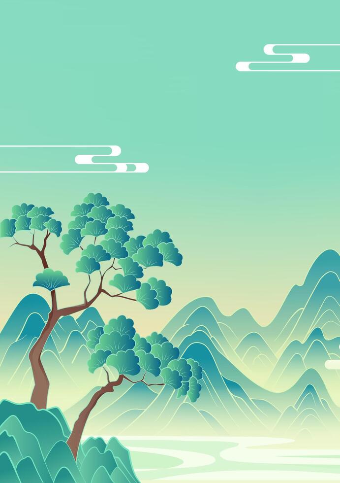 Hand painted vertical Chinese landscape paintings of pine trees and mountains and rivers vector