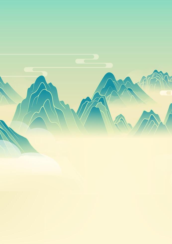 Hand painted vertical Chinese landscape painting mountains and clouds vector