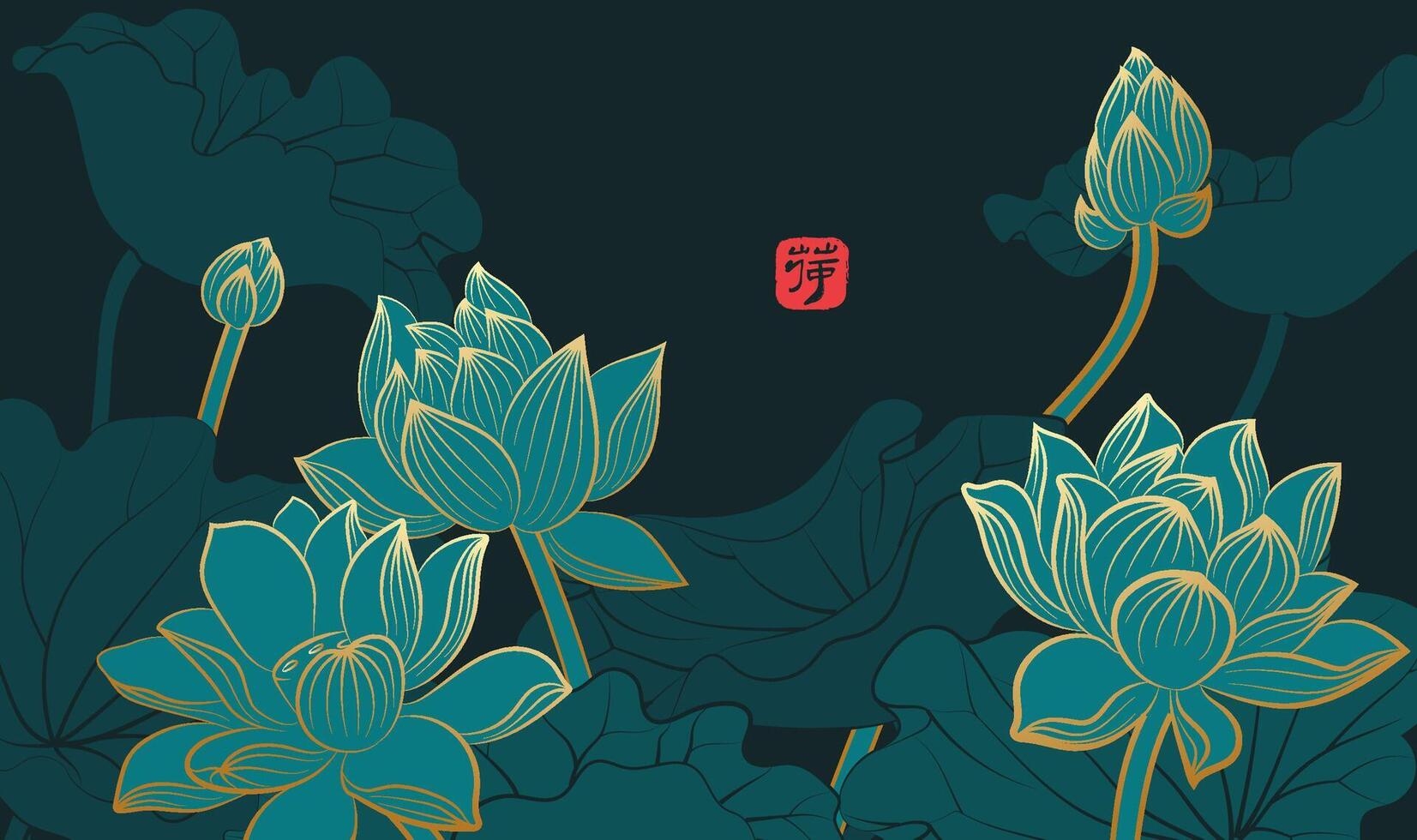 Hand painted elegant Chinese style decorative painting many lotus flowers on a dark background vector