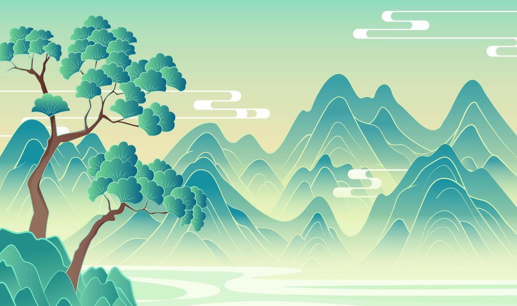 Hand painted Chinese landscape paintings of pine trees and mountains and rivers vector