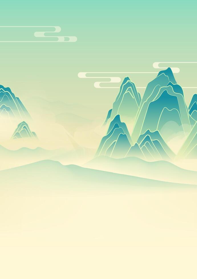 Hand painted vertical Chinese landscape illustration of mountains in mist vector