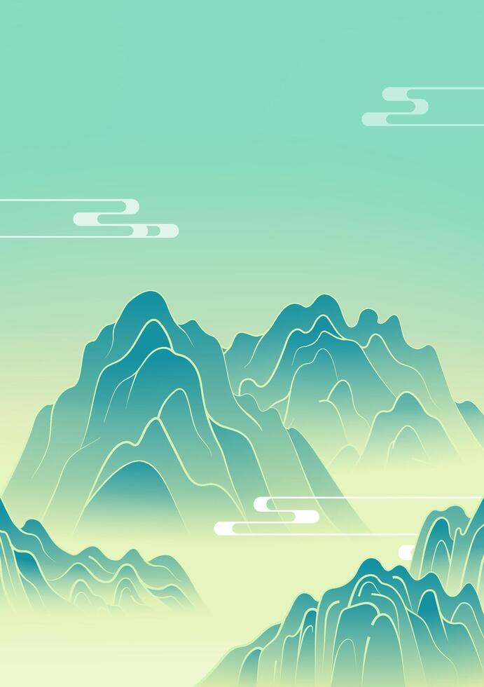 Hand painted vertical Chinese landscape painting pine trees and mountain peaks vector