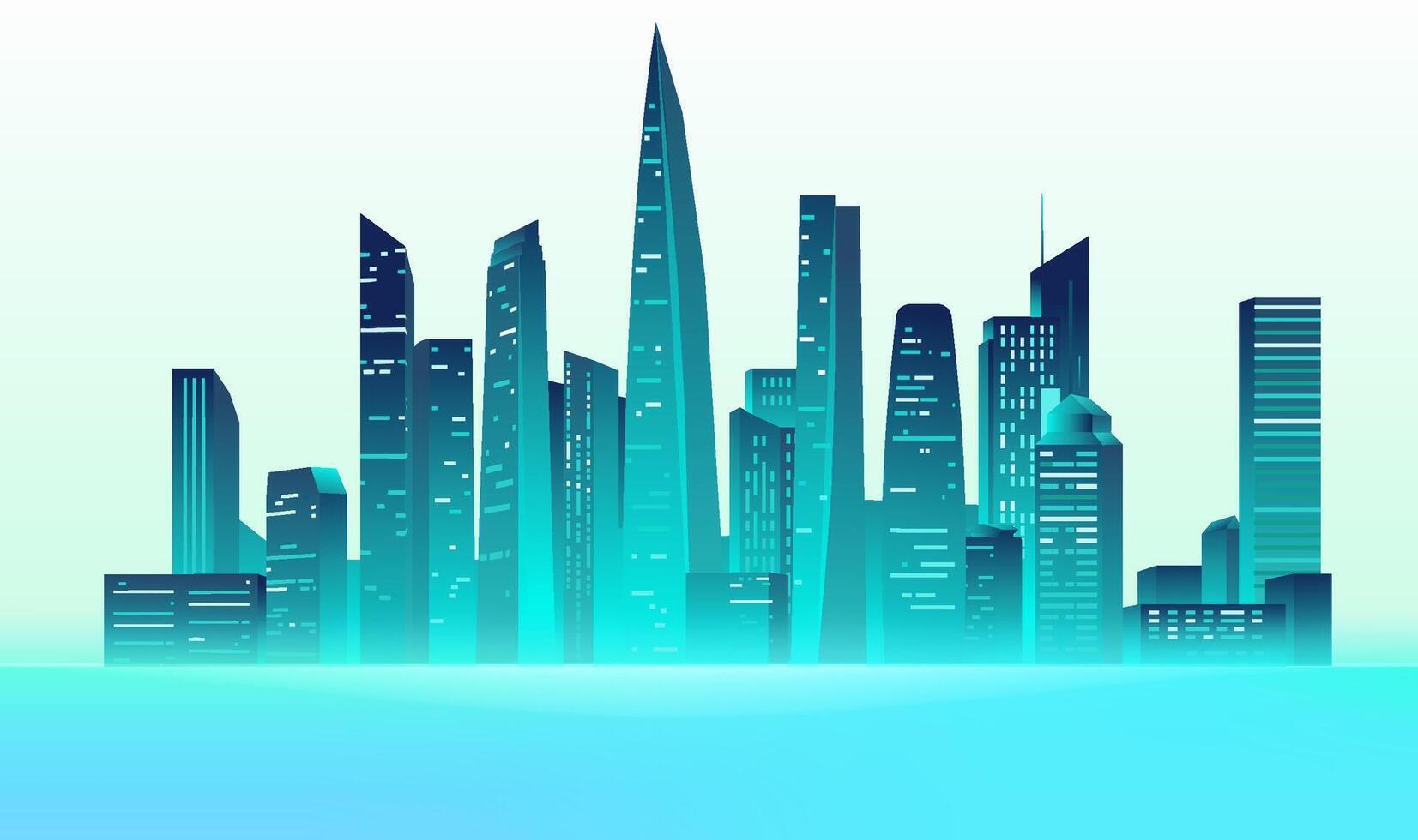 Hand painted green city skyline illustrated with many skyscrapers vector