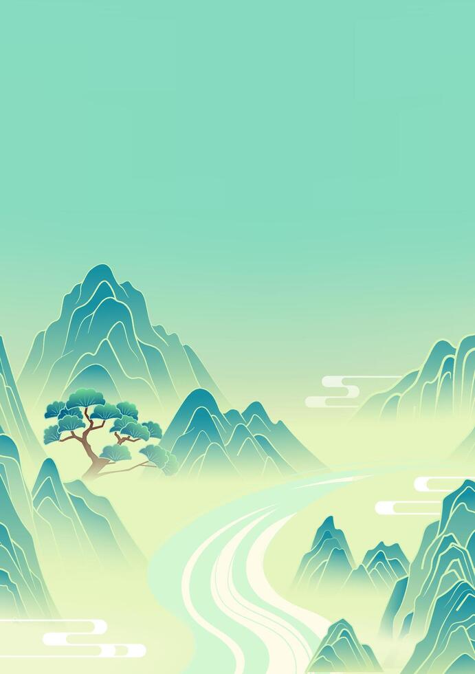 Hand painted vertical Chinese landscape paintings of mountains and rivers vector